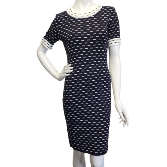 Misook Womens XS Petite Short Sleeve Knit Dress Navy Blue White Dashes & Trim - Picture 14 of 14